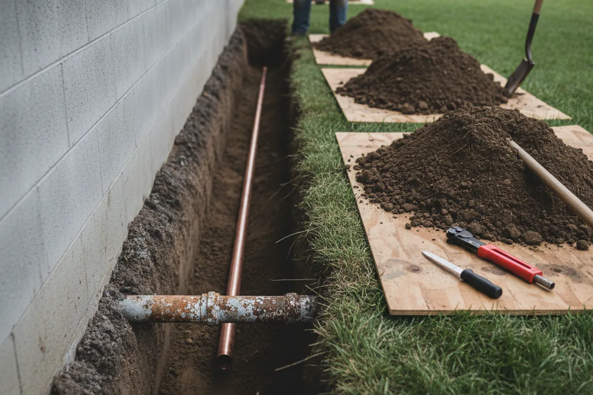 Excavated water line trench during Sewer Line Repair in Laurys Station